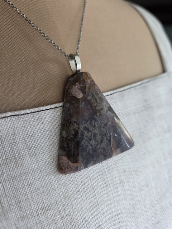 Handmade Jewelry - Large Natural Moss Agate Statement Pendant Necklace 18"‎ Silver Chain Crystal